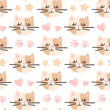 cute vector seamless pattern with cartoon cats, paws, stars and hearts. it can be used as wallpaper, poster, print for clothes, fabrics, textiles, notebooks, wrapping paper.のイラスト素材