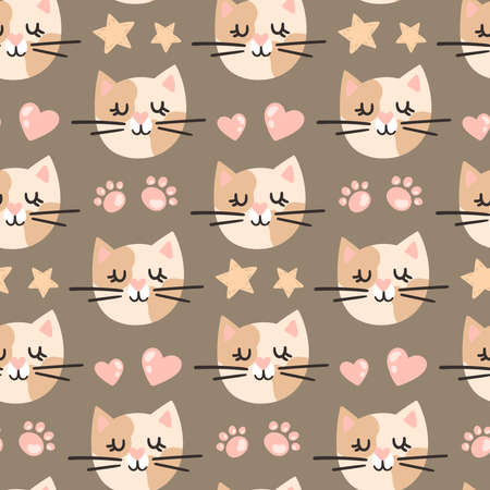 cute vector seamless pattern with cartoon cats, paws, stars and hearts. it can be used as wallpaper, poster, print for clothes, fabrics, textiles, notebooks, wrapping paper.のイラスト素材