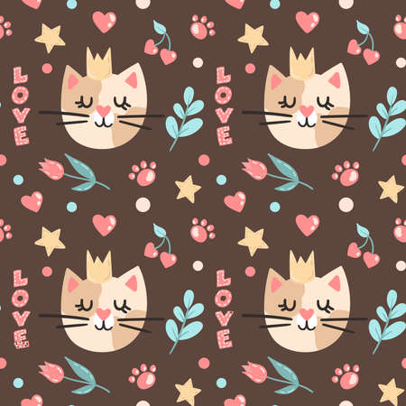 cute vector seamless pattern with cartoon cat faces, crowns, flowers, paws, stars, hearts, branches and cherries. isolated on a brown backgroundのイラスト素材