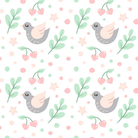 cute vector seamless pattern with birds, dots, branches, cherries, hearts and stars. cartoon background with pigeons.のイラスト素材