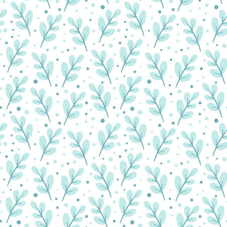 seamless pattern with branches with green leaves and dots. cute vector cartoon background. nature printのイラスト素材