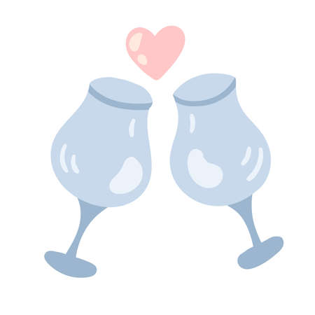 two blue glasses for drinks and a heart. cute vector isolated cartoon illustration. wedding or valentine's day printのイラスト素材