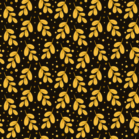 seamless pattern with branches with golden leaves and dots. cute vector cartoon black and gold background. nature printのイラスト素材