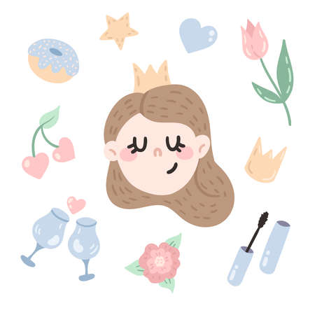 princess girl, donut, rose, mascara, glasses, hearts, cherries, crown, star, tulip. cute vector girly set of hand-drawn cartoon elements.のイラスト素材