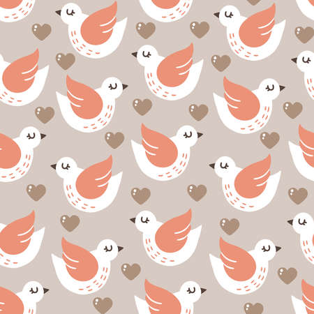 cute vector seamless pattern with birds and hearts. cartoon background with pigeons and doves.のイラスト素材