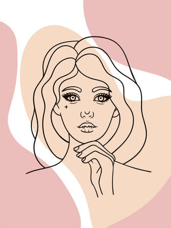 line portrait of a beautiful woman on a background with abstract shapes. the girls face. vector print for posters, postcards, stickers, background.のイラスト素材