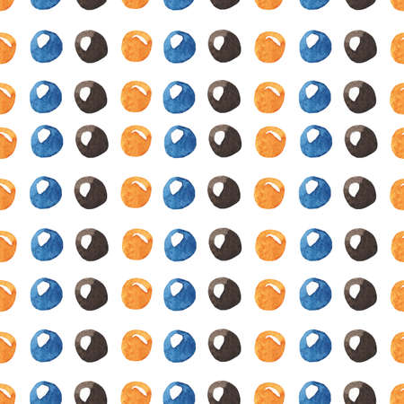 Watercolor seamless pattern with colorful Circles. Polka dot wallpaper. Orange, blue and brown...