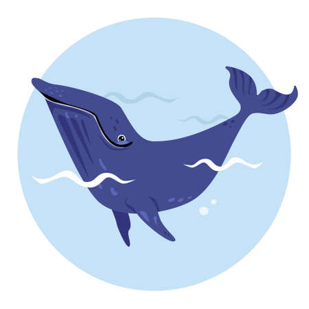Hand-Drawn Cartoon Cute Big Blue Whale And Wave. An Ocean Animal. Vector Image In A Circle Isolated On A White Background.のイラスト素材