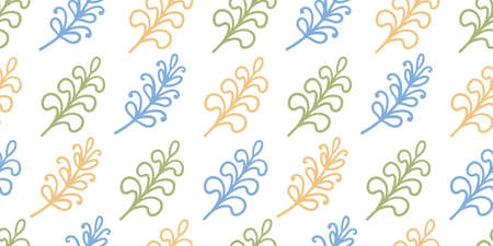 Seamless Nature Pattern with Green, Yellow, Blue Branches and Leaves. Floral Background, Sketch, Graphic Print.のイラスト素材