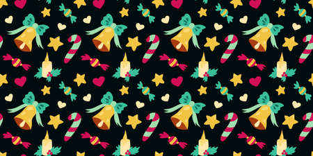 Christmas Vector Seamless Pattern with Cartoon Bells with Bows, Stars, Lollipops, Candies, Hearts...