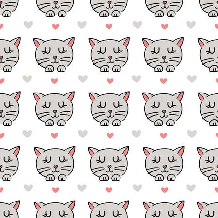 Cute Vector Seamless Pattern with Cartoon Gray Cats and Hearts. Can be used as wallpaper, print for clothes, fabrics, textiles, notebooks, wrapping paper.のイラスト素材
