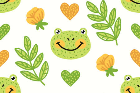 Frog pattern. Cute vector seamless pattern with Cartoon Smiling Green Frogs, Yellow Rose Flowers, Twigs and Hearts. Hand Drawn Children's print.のイラスト素材