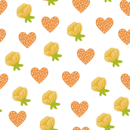 Floral Vector Seamless Pattern with Yellow Roses and Orange Hearts on a White Background. Romantic heart simple wallpaper. Valentines day background. Children's print.のイラスト素材