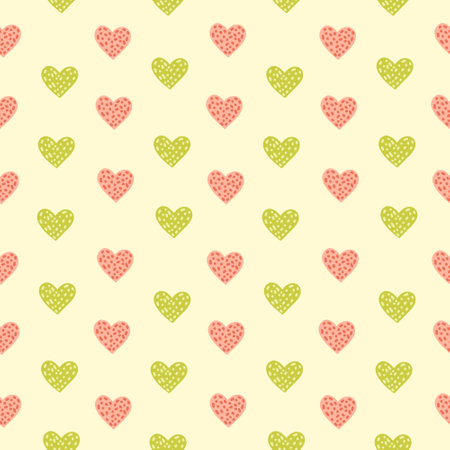 Cute vector seamless pattern with pink and green Hearts on a yellow background. Romantic Heart simple wallpaper. Valentines day background. Childrens print.のイラスト素材
