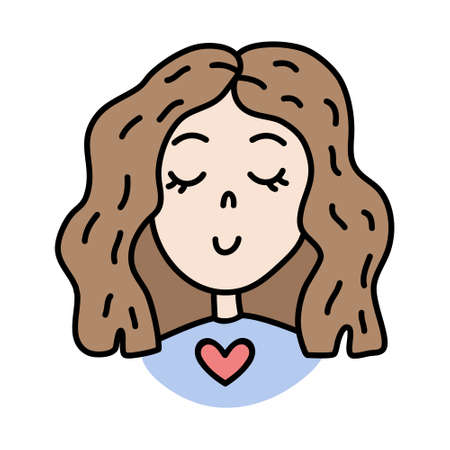 Hand Drawn Line Cartoon Cute Smiling Girls Face with Heart. Female Portrait. Vector Romantic print for clothes, posters, postcards, stickers, valentines day.のイラスト素材