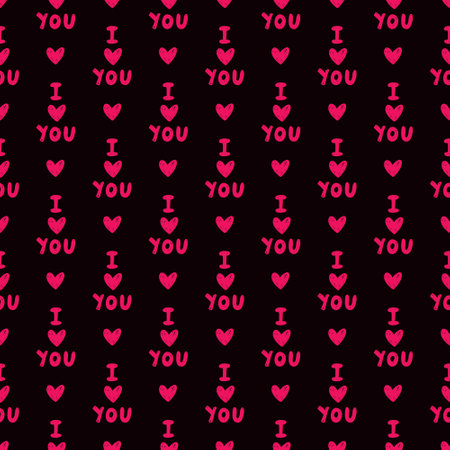 Romantic vector seamless pattern with hearts and lettering. Hand-drawn cartoon-style illustration, postcard, textile print. Pattern for Valentines Day I love youのイラスト素材