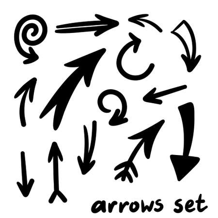 Vector Set of Hand-drawn different Doodle Arrows, Pointers isolated on a white background. Black and white sketch of cartoon arrows. Graphic design elements, icons, symbols.のイラスト素材