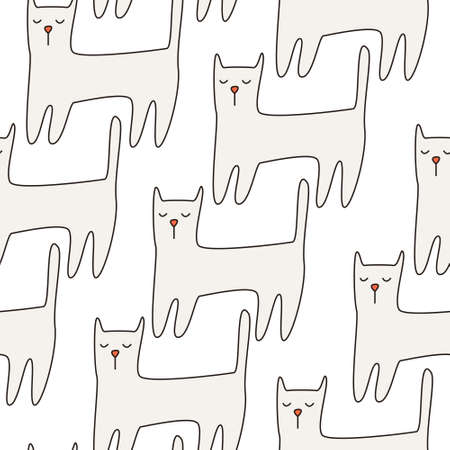 Vector Cute Pattern with Cartoon Funny gray Cats on a white Background. Print for nursery, wrapping paper, wallpaperのイラスト素材
