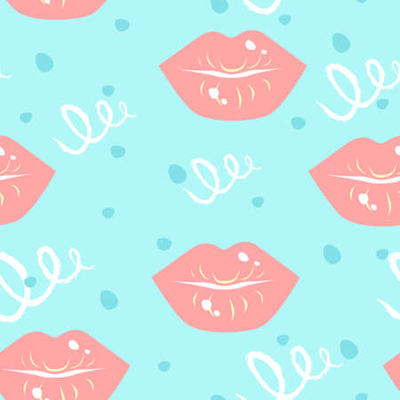 Vector cute seamless pattern with female pink lips kiss on a light blue background. Print for...