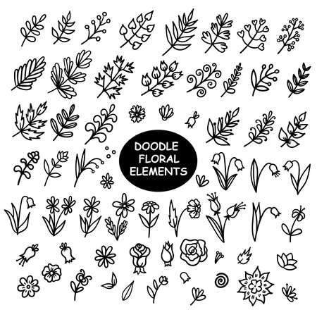 Vector doodle collection of floral elements. Cartoon line illustrations of flowers, twigs, branches, buds, bells, roses, daisies and leaves isolated on a white background.のイラスト素材