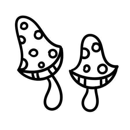 Vector doodle poisonous fly agaric mushrooms. Cartoon autumn forest line elements isolated on a white background.のイラスト素材