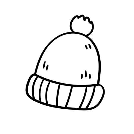 Vector doodle knitted hat with a pompom. Cartoon winter line style element isolated on a white background.のイラスト素材