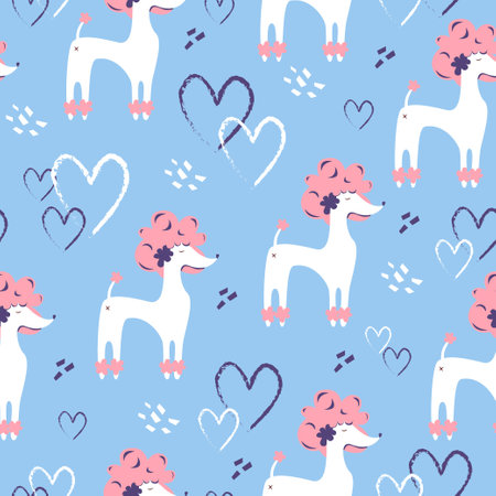 Romantic cute vector seamless pattern with pink poodles and hearts on a light blue background. Funny dogs print.のイラスト素材