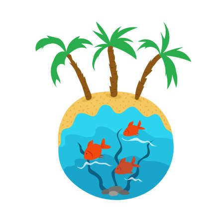 Vector hand-drawn island with sand, red fishes, ocean waves and palm trees isolated on a white background.のイラスト素材