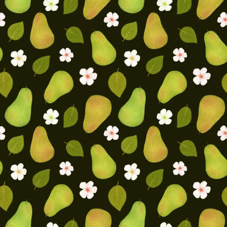 Food seamless pattern with hand-drawn pears, leaves and flowers on a dark green background. Sweet...
