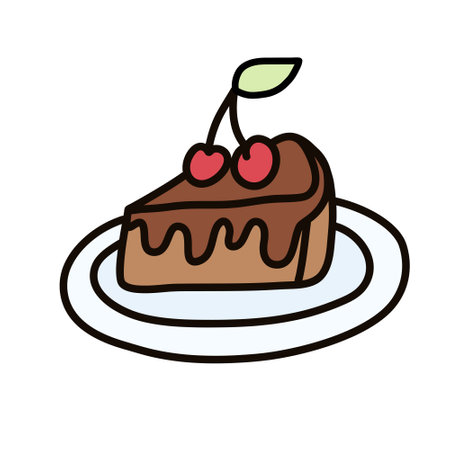 Chocolate Cake with Cherries on a Plate in Cartoon Doodle Style. Graphic Sketch of Food, Dessert,...