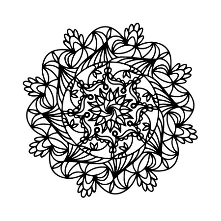 Vector Illustration Outline Mandala Flower Isolated on a White Background. Circular Ornament in Ethnic Oriental Style. Design for Henna, Mehndi, Tattoo, Floral Pattern, Decoration, Coloring Book Page.のイラスト素材