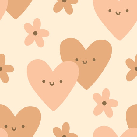 Vector Seamless Hand Drawn Romantic Pattern with Pink and Brown Cartoon Hearts and Flowers. Cute Nursery Print for Children in Pastel Skin Colors. Valentines Day Design. Wallpaper, Poster, Background.のイラスト素材