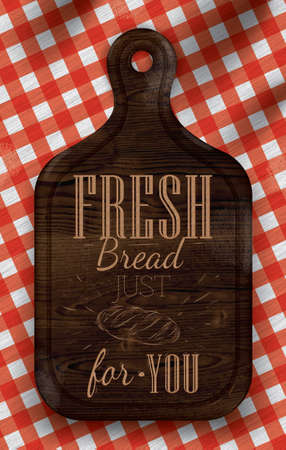 Poster with bread cutting brown wood board lettering Fresh bread for you on a red checkered tablecloth  Vectorのイラスト素材