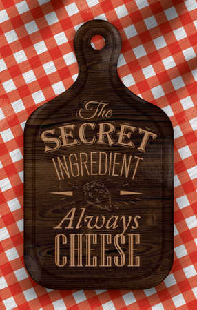 Poster with bread cutting brown wood color board lettering The secret ingredient always cheese on a red checkered tablecloth  Vectorのイラスト素材