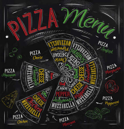 Pizza menu the names of dishes of Pizza, Hawaiian, cheese, chicken, pepperoni and other ingredients tomato, basil, olive, cheese to design a menu stylized drawing with chalk of red, green  Vector