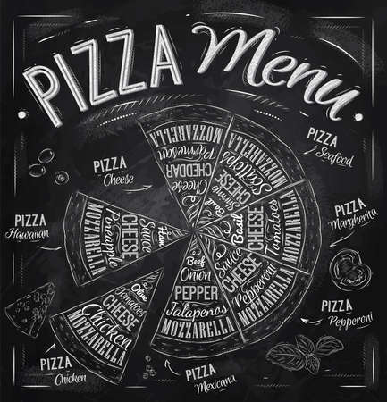 Pizza menu the names of dishes of Pizza, Hawaiian, cheese, chicken, pepperoni and other ingredients tomato, basil, olive, cheese to design a menu stylized drawing with chalk  Vectorのイラスト素材