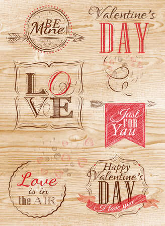Valentine s Day and Love lettering collection of Valentine s Day from letters stylized for the drawing with chalk of red on the woodboard  のイラスト素材