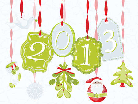 labels of various forms with text 2013 in green with a red ribbon, the dove with a branch on its beak, with a Christmas toy Santa Claus Christmas treeのイラスト素材