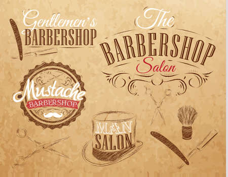 Set Barbershop, scissors, shaving brush, razor, cylinder, in a retro style and stylized for the drawing on kraft paper of red, white, brown  のイラスト素材