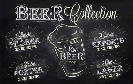 Names of different types of beer  porter, exports, lager, live deer, pilsner, stylized drawing with chalk on the blackboardのイラスト素材