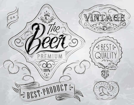 Vintage Elements stylized under a drawing on the theme of beer  retro style, patterns, acorn, inscriptions, ribbons, twig, hops, graphics のイラスト素材