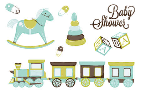 retro toy pony cubes and steam and children s pyramid, gentle tones blue brown scaleのイラスト素材