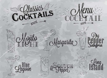Set of cocktail menu in vintage style stylized drawing in charcoal on gray background, Cocktails with illustrated, the blue lagoon margarita Scotchのイラスト素材