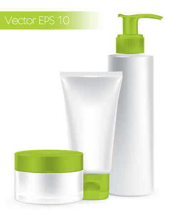 Composition of packaging containers green color, cream, beauty products set  のイラスト素材