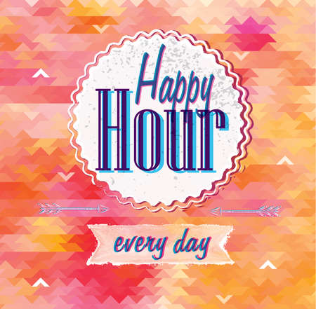 Hipster background made of triangles on the Happy Hour in orange colors Retro label design  Square composition with geometric shapes, color orange  Hipster theme label  のイラスト素材