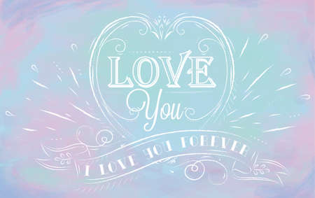 Lovely card in an openwork style -  i love you forever  on a blue background with transparent watercolor hearts のイラスト素材