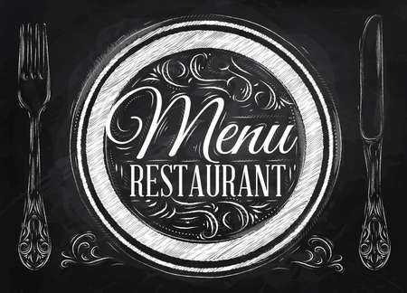 Menu restaurant lettering on a plate with a fork and a spoon on the side in retro style drawing with chalk on blackboard  のイラスト素材