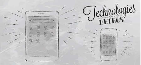 Icons on modern technology mobile tablet device in vintage style stylized under the chalk drawings gray のイラスト素材