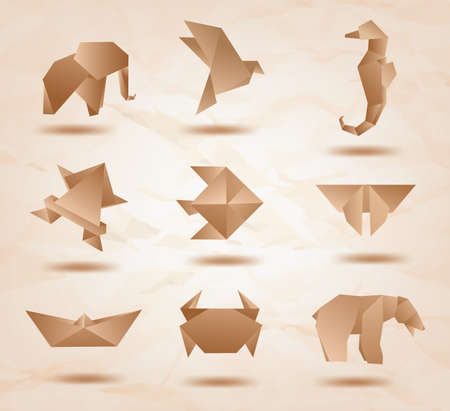 Set of origami animals symbols from recycled paper  kraft paper   elephant, bird, sea horse, fish, butterfly, bear, crab, fish のイラスト素材