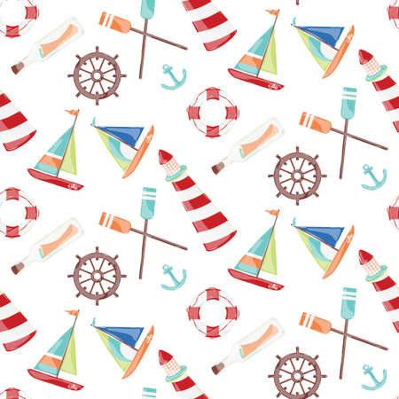 Pattern on the marine theme with a lighthouse, ships, sailboats, anchor, oars, wheel and bottle with a message のイラスト素材
